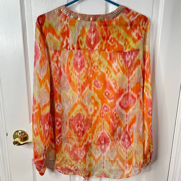 Chico’s blouse high-low tie front gauze embellished 2 or L - Picture 5 of 7